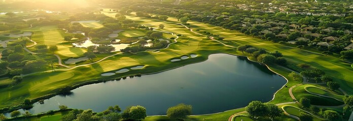 Aerial View of a Serene Golf Course at Sunrise Highlighting Tranquil Greenery and Water Hazards. Concept of Outdoor Recreation, Scenic Beauty, and Leisure Pursuits. Banner