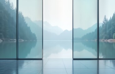 Minimalist interior design with large windows blurred lake scene. Calm water reflects misty mountains, trees in background. Contemporary style, modern architecture. Vertical glass panes create