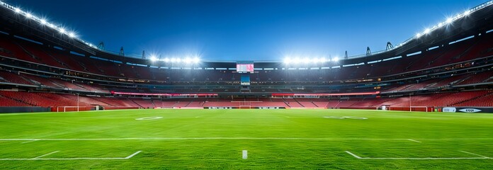 Empty Sports Stadium with Bright Lights and Red Seats Under a Clear Sky: Concept of Athletic Events, Grand Venues, Soccer Field, Game Day Atmosphere. Banner