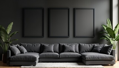 Dark living room features gray sectional sofa, three framed empty canvas art pieces on dark wall. Plant adds touch of greenery to space. Modern design style apparent in minimalist aesthetic.