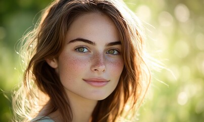 Fototapeta premium Close-up portrait of a young woman with freckles and long brown hair, smiling gently outdoors.