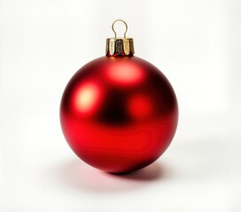 Red Christmas ball on plain white background. Single festive decoration. Round shape. Shiny bright red color. Elegant holiday ornament. Merry Christmas object.