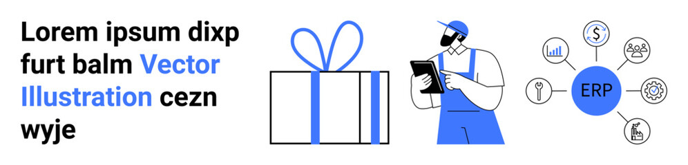 Man holding tablet, large gift box symbolizing benefits, ERP system icons indicating integration. Ideal for digital transformation, business strategy, software development, process management