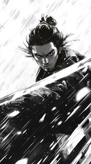 Close-up in highly cartoon, comics style. A samurai strikes decisively, his katana slicing through the air with unwavering precision