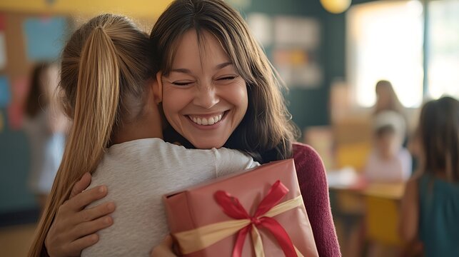 A teacher hugging a student who presents them with a heartfelt gift, capturing an emotional moment 