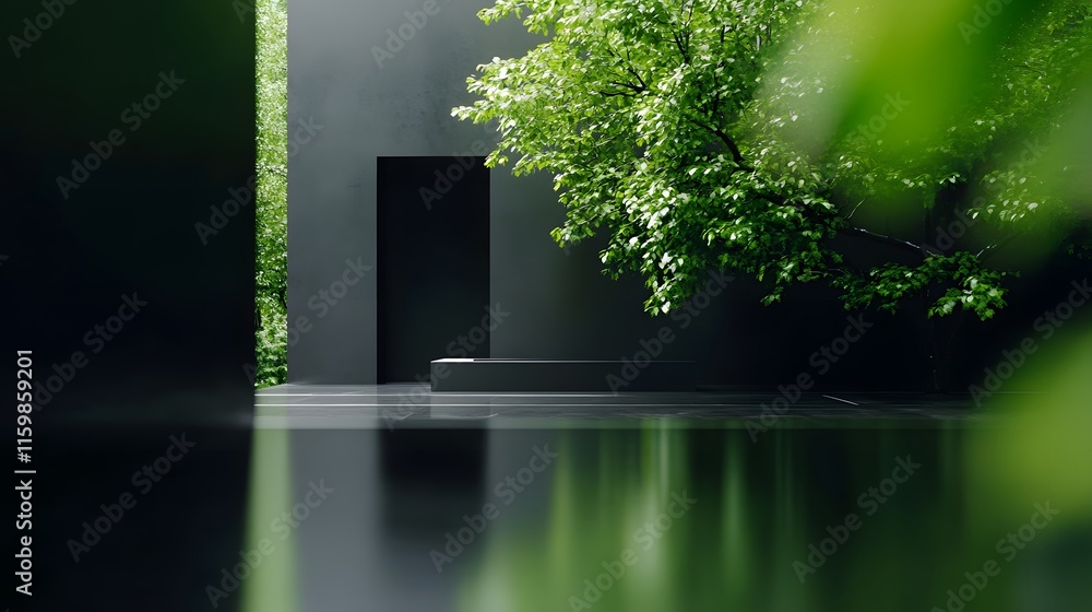 Poster serene reflection of a minimalist modern building submerged in a tranquil pool,surrounded by a lush,