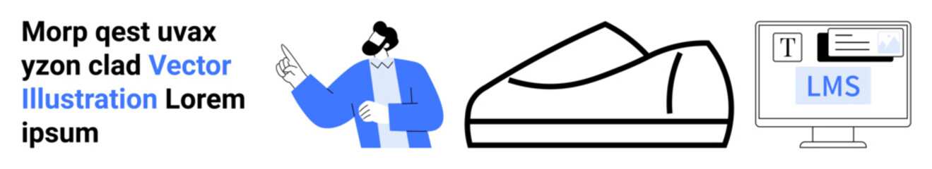 Male teacher gesturing, large book graphic, computer screen displaying LMS interface. Ideal for online education, e-learning, educational content, distance learning, teaching resources, webinar