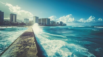 Fototapeta premium Waikiki Beach pier, waves crashing against concrete structure, city skyline in background. Sunny day, people swimming and surfing.