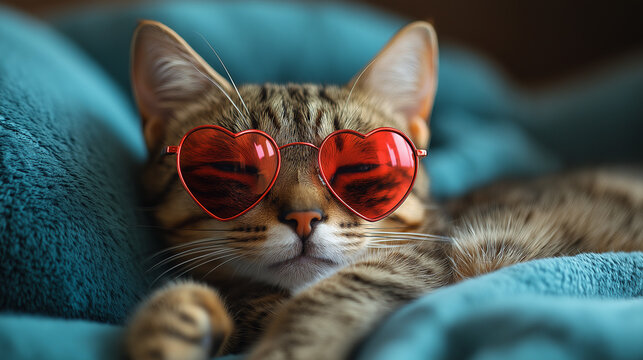 Cat wearing red heart shape sunglasses eyeglasses. Funny sunglass.