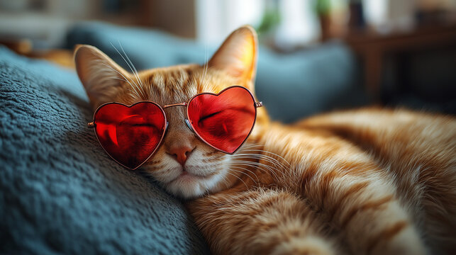 Cat wearing red heart shape sunglasses eyeglasses. Funny sunglass.