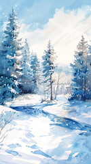 Obraz premium Winter Wonderland Watercolor Art featuring Snowy Landscape and Serene River Scene, Embracing the Beauty of Nature. Vertical