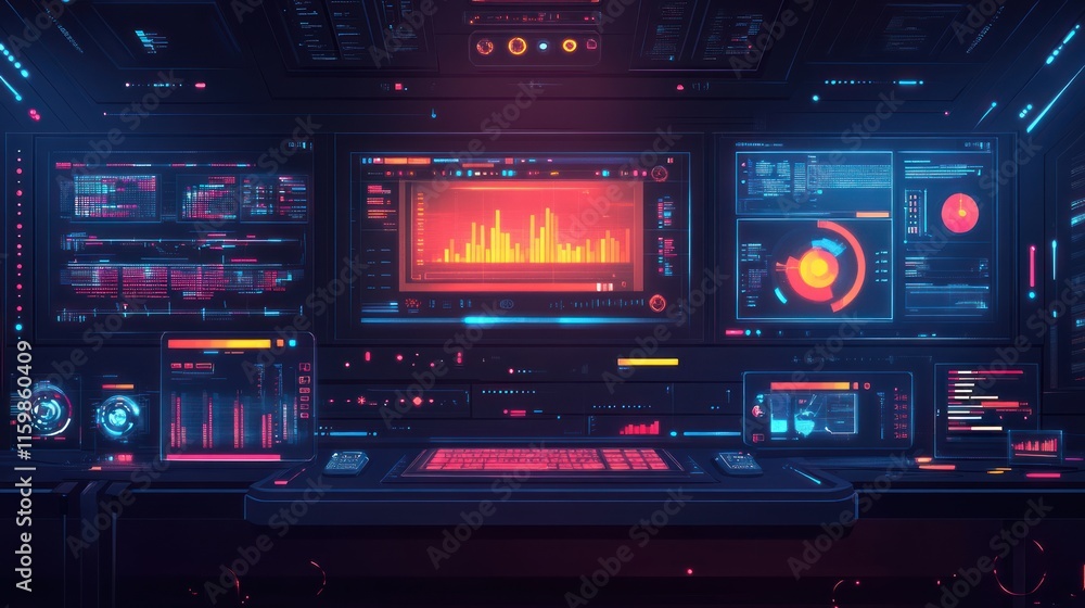 Poster futuristic control room with monitors displaying data.