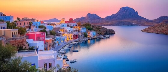 Colorful waterfront village at sunset.