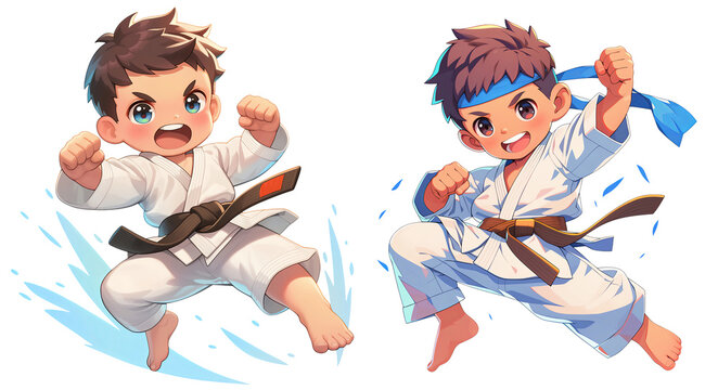 karate kids in white uniforms, action pose clip art preview