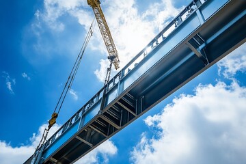 Crane lifting steel beam against bright sky.