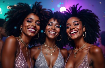 Three glamorous black women enjoy disco party at nightclub. Wear sparkling makeup, shimmering clothes. Confetti flies in air. Look happy, joyful. Image perfectly captures energy of night out.