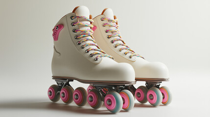 a retro-style pair of roller skates, featuring white leather boots with colorful laces and bright...