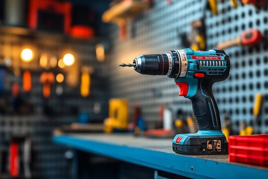 Cordless drill on workbench in workshop.