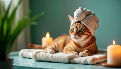 Ginger cat relaxes in spa bath. Cat wears turban. Candles and plants create relaxing spa atmosphere. Cat is content on soft white towel. Pet grooming and pampering concept. Cozy and serene scene.