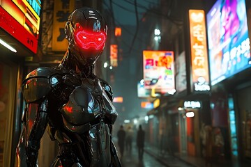 Obraz premium Cyberpunk female robot in neon city street.