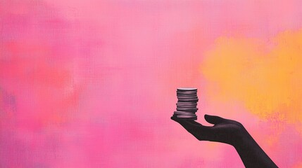 Hand Holding Stacked Coins Against Vibrant Abstract Background Illustrating Wealth and Economy Concepts in Modern Artistic Collage with Pink and Orange Hues for Design and Financial Themes