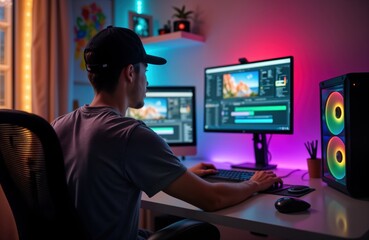 Young man works on video editing software. Uses computer with two monitors. Works in home office with colorful lights. Concentrating on project. Working on content for vlog. Creator. Professional