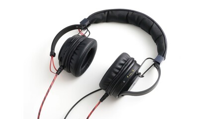 Fototapeta premium Black over-ear headphones with red accents, isolated on white background.