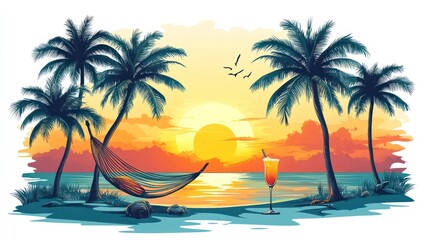 Obraz premium Sunset beach scene with hammock, palm trees, and cocktail.