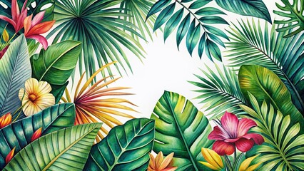 Naklejka premium Jungle Botanical Watercolor Floral Composition - Palm Leaves Tropical Design