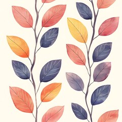 Obraz premium Seamless watercolor pattern featuring delicate leaves in a boho style, artistically blended to create a cohesive and stylish design