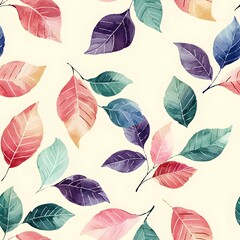 Seamless watercolor pattern featuring delicate leaves in a boho style, artistically blended to create a cohesive and stylish design