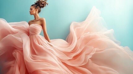 Elegant woman in flowing pink gown.