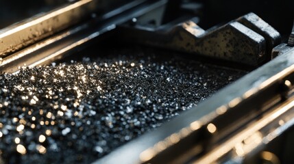Close-up of raw granules being fed into a conveyor belt, sleek metallic textures, detailed machinery 