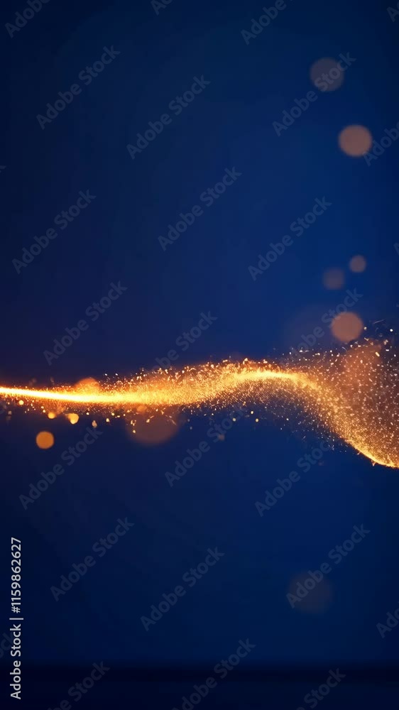 Poster golden particles flow gracefully against a deep blue background, creating an enchanting visual effec