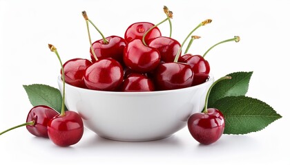 Bowl of cherries with green leaves on the side
