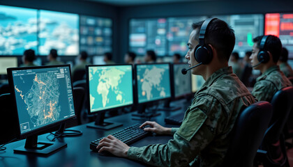 Military personnel work in central office hub. Monitoring city-wide surveillance data. Team members use tech devices with display screens showing city maps. Wear camouflaged uniforms, headsets. Space