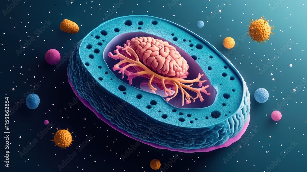 Poster microscopic view of a brain inside a cell.