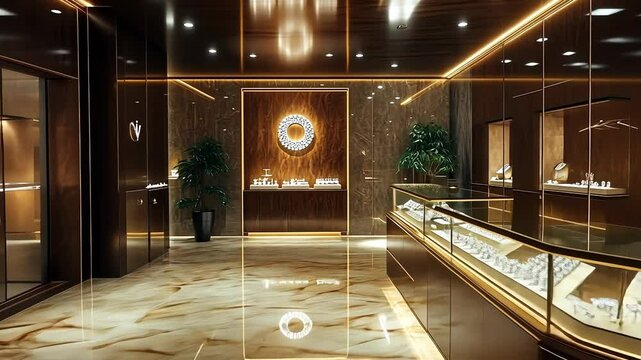 A slow-motion, establishing shot of a luxurious jewelry store interior.