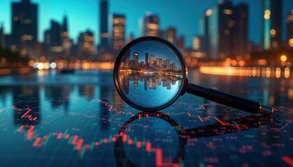 Magnifying glass focuses on financial market data. City skyline reflects in magnifying glass. Financial data charts visible. Analysis, study of stock market trends represented. Investigative concept