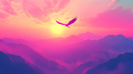 Fototapeta premium Majestic eagle soars over vibrant pink and purple mountain range at sunset; breathtaking landscape, freedom, nature.