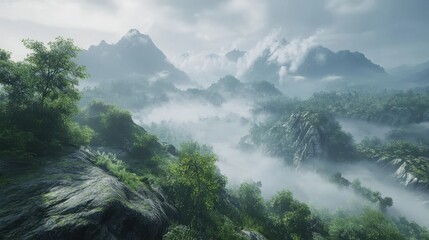 Dense Fog Over Forested Mountain Range