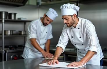 Two chefs in uniform clean stainless steel kitchen table. One chef wipes table with cloth colleague cleans oven. Photo shows teamwork, hygiene in professional kitchen setting. Commercial kitchen