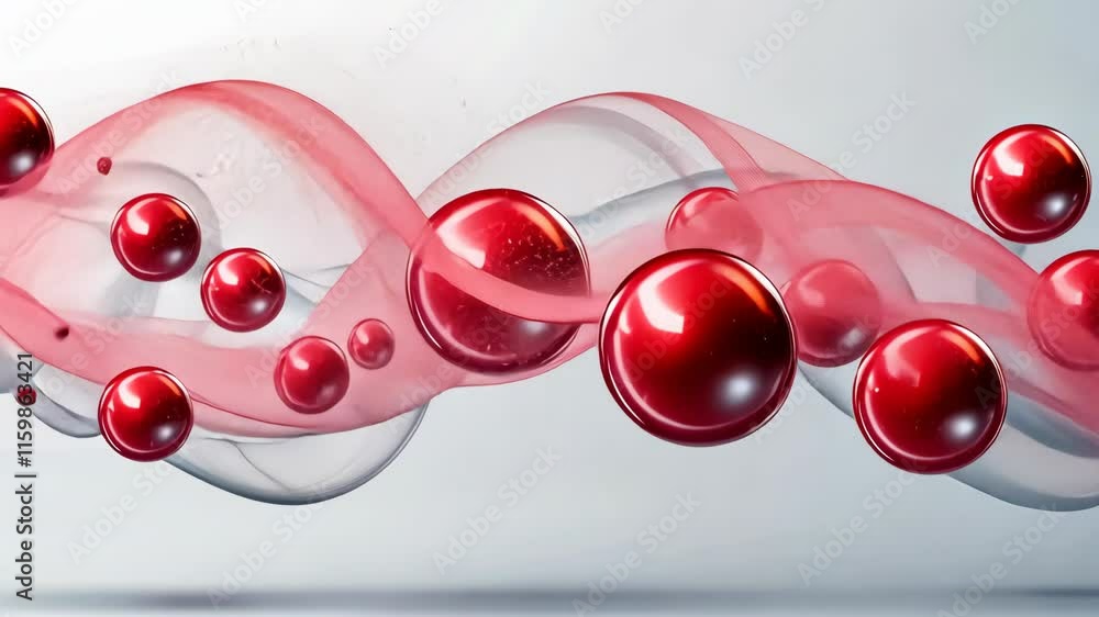 Poster molecules and particles suspended in motion showcasing red and transparent elements in a scientific 