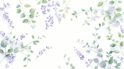 Fototapeta premium Tiny pastel lavender and seafoam green spring leaves with tiny lilac buds on a white backdrop. minimalistic, high resolution, clear sharp focus, hyper-detailed. Seafoam. Illustration