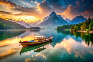 Obraz premium Long Exposure River Boat Mountains AI Photo