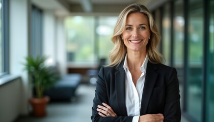 Confident mature businesswoman stands in office. Wears professional business attire. Modern interior, office background blurred. Successful leader, strong female executive in corporate environment.