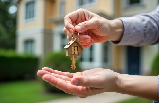 Real estate agent hands over house keys to new homeowner outdoors. House shaped keychain new ownership. Daylight. Blurred background. Property handover. Client receives keys. Exterior of house.