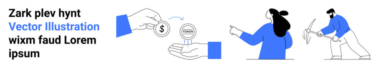 Hand exchanging coin, woman explaining, man hammering coin. Ideal for financial growth, business strategies, investment, cash flow, teamwork, presentations, educational materials. Banner for landing