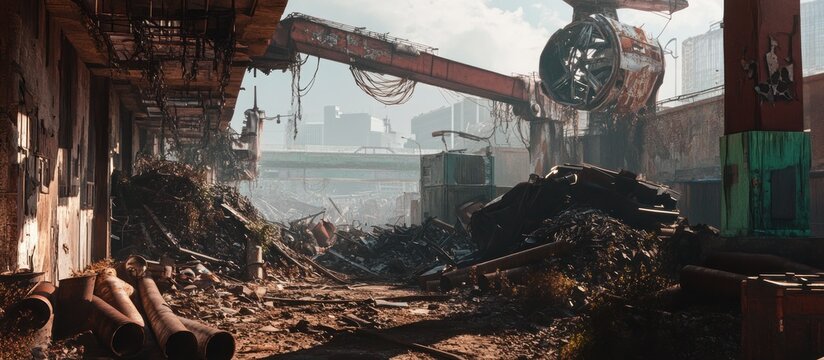 Scrap iron piles with beams, crushed pipes, and mangled steel wires glinting under sunlight in a junkyard 