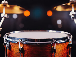 Fototapeta premium Close up of drum set with vibrant stage lighting